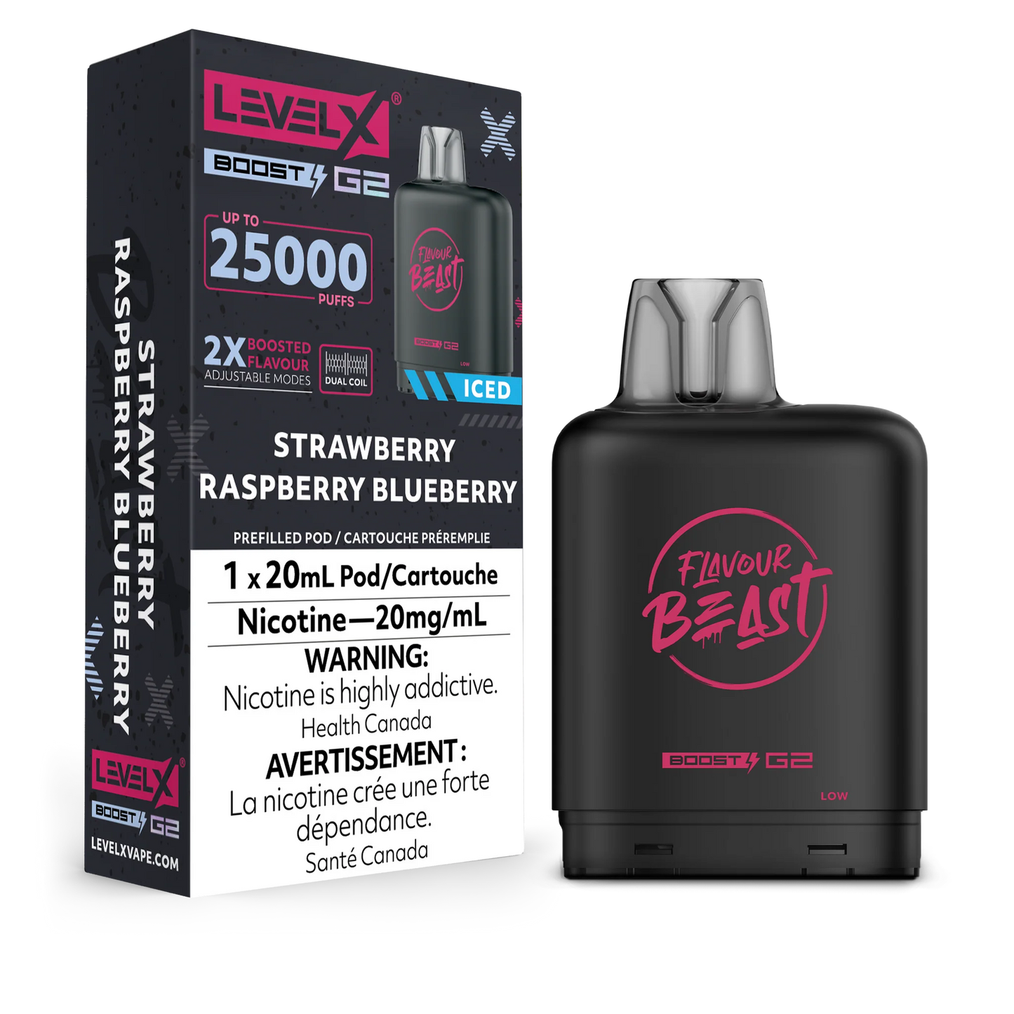 Level X Boost pod G2 25k Puffs strawberry Raspberry Blueberry iced (Provincial Tax)