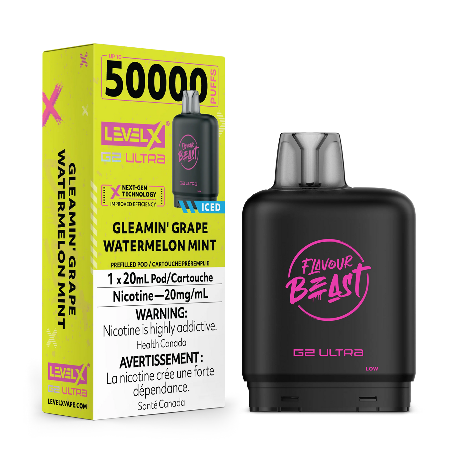 Level X G2 Ultra Flavour beast 50k pod Gleamin Grape Watermelon mint (Provincial tax)